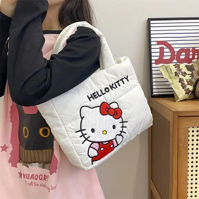 Sanrioed Handbag Cartoon Hello Kittys Cute Down Fabric Kuromi Tote Bag Shoulder Cute Stationery Bag Large Capacity Cosmetic Case