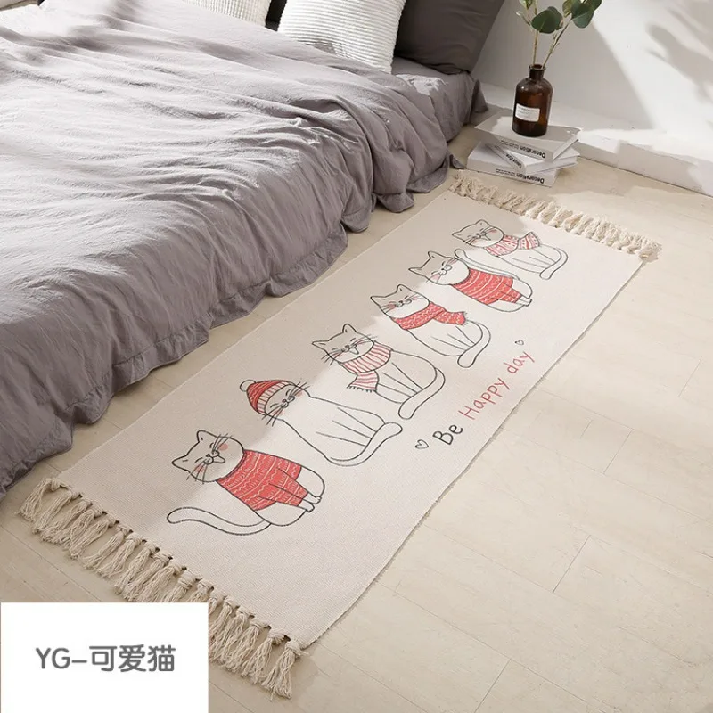 Machine Washable Cotton Linen Doormat Handmade Tassel Rug Living Room Printed Bedside Floor Mat Pad Home Boho Decor Carpets