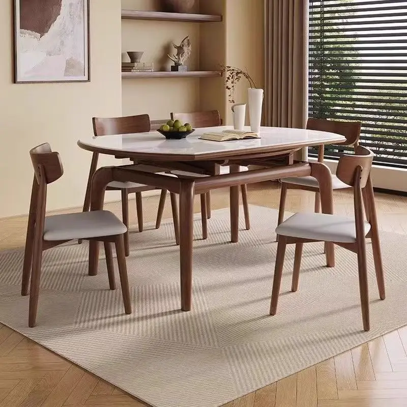 Sintered stone dining table, adjustable round table, living room, small home layout, extendable foldable solid wood frame dining