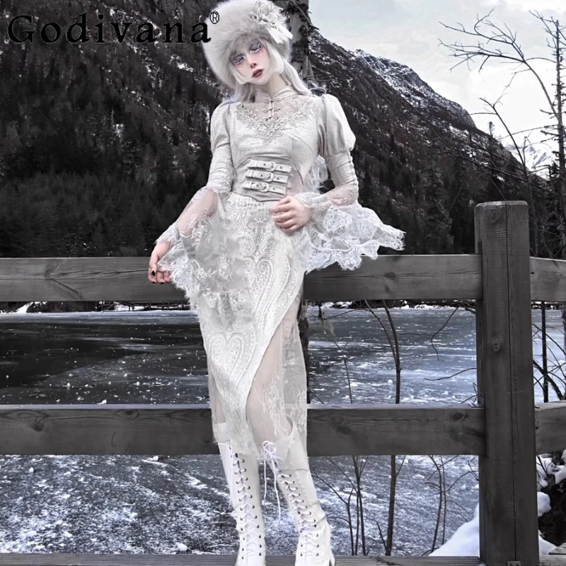 원래 크리스마스 로리타 파티 드레스 여성 고딕 높은 허리 자카드 벨벳 할로윈 드레스 여성 카니발 Cheongsam 드레스