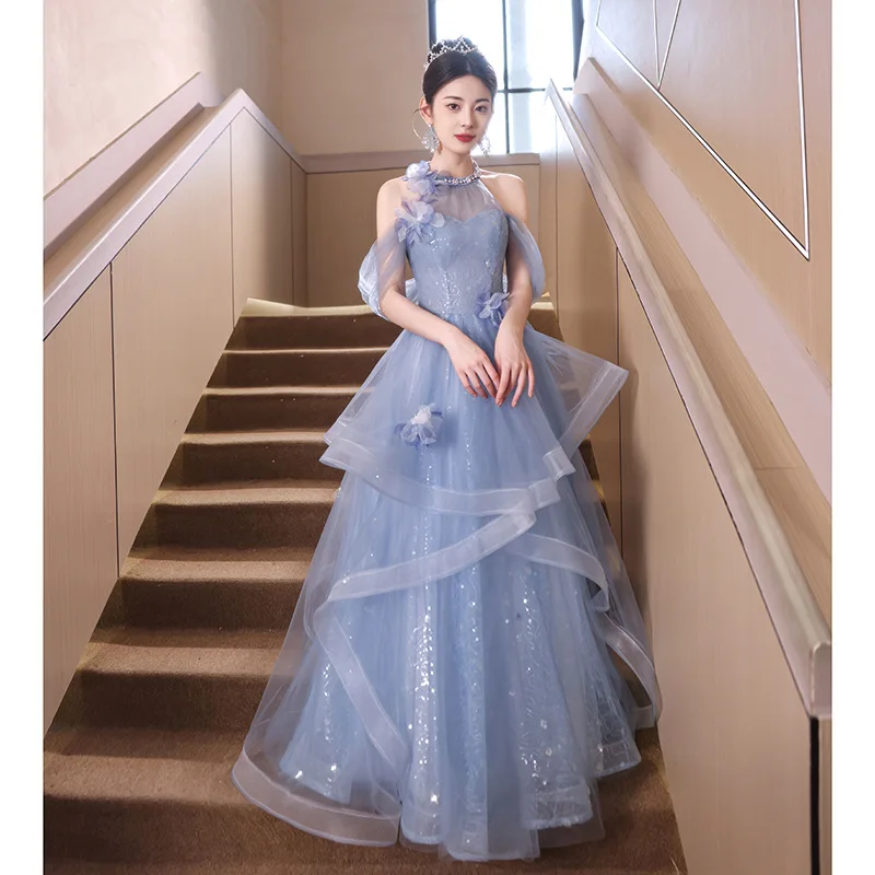 

Blue Evening Gown Women's New 2025 High-End Luxury Host Formal Ball Dr Ele Adult Ceremony Art Exam Fitted High Waist