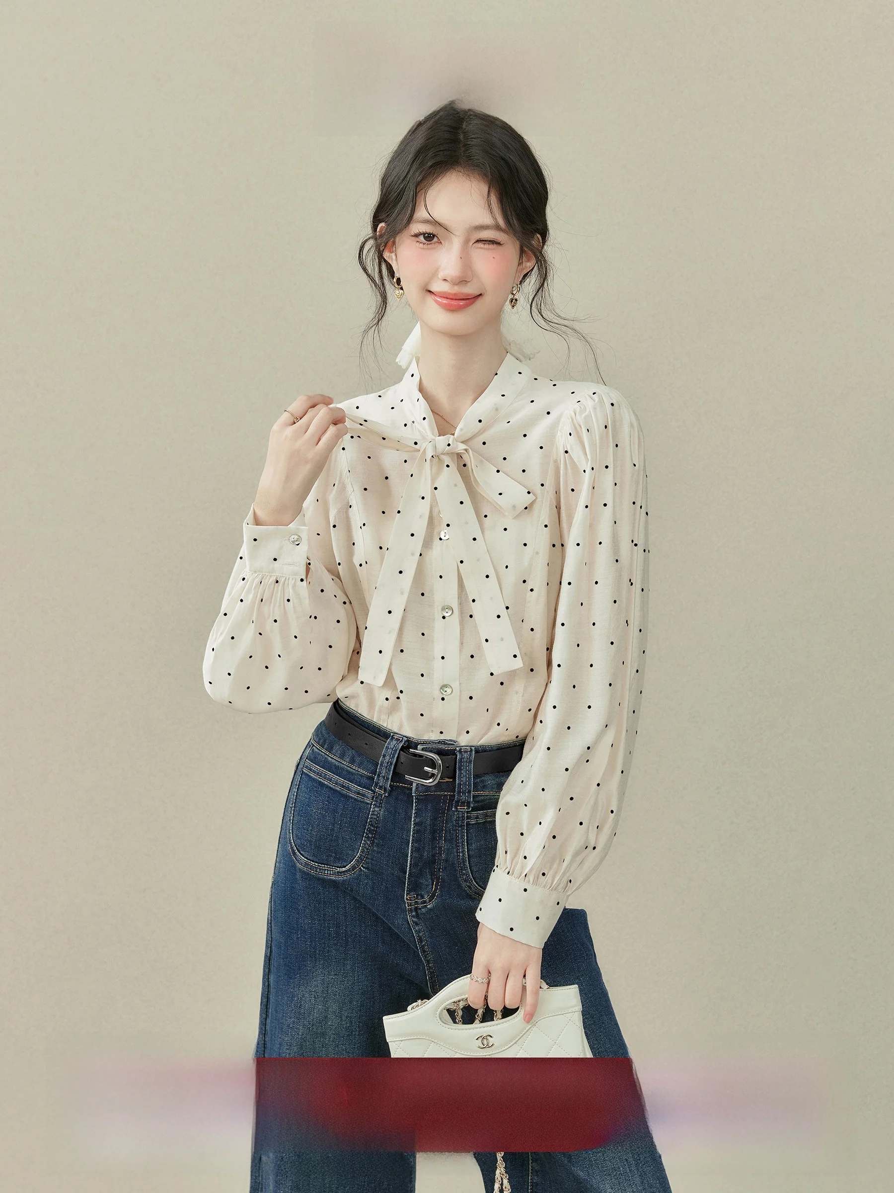 

Ele Polka Dot Sa irt Top for Women Early Autumn Faionable Straight French Sle Long Sve UV Protection Ladies Bl...