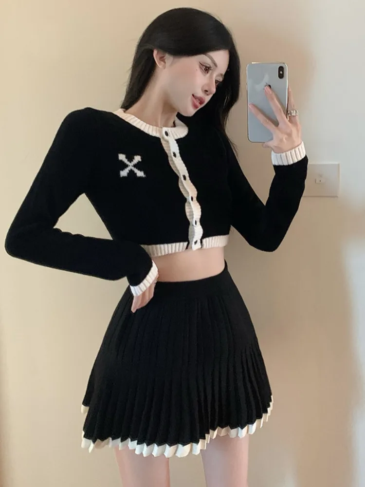 Fashion Casual Small Fragrance Knitted Two Piece Set For Women Sweater Cardigan Coat Crop Top + Skirt Sets Sweet 2 Piece Suits