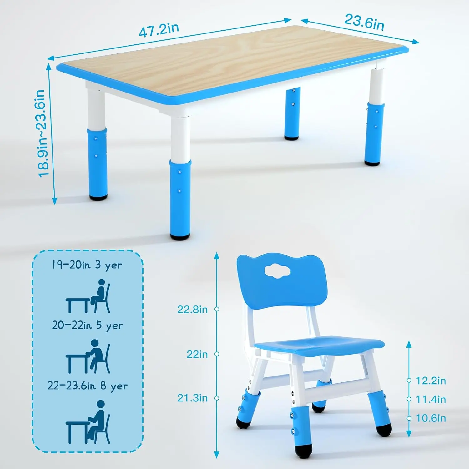 Kids Table and 6 Chairs Set，Height Adjustable Children Table & Chair，Toddlers Study Multi-Activity Table with 47.2
