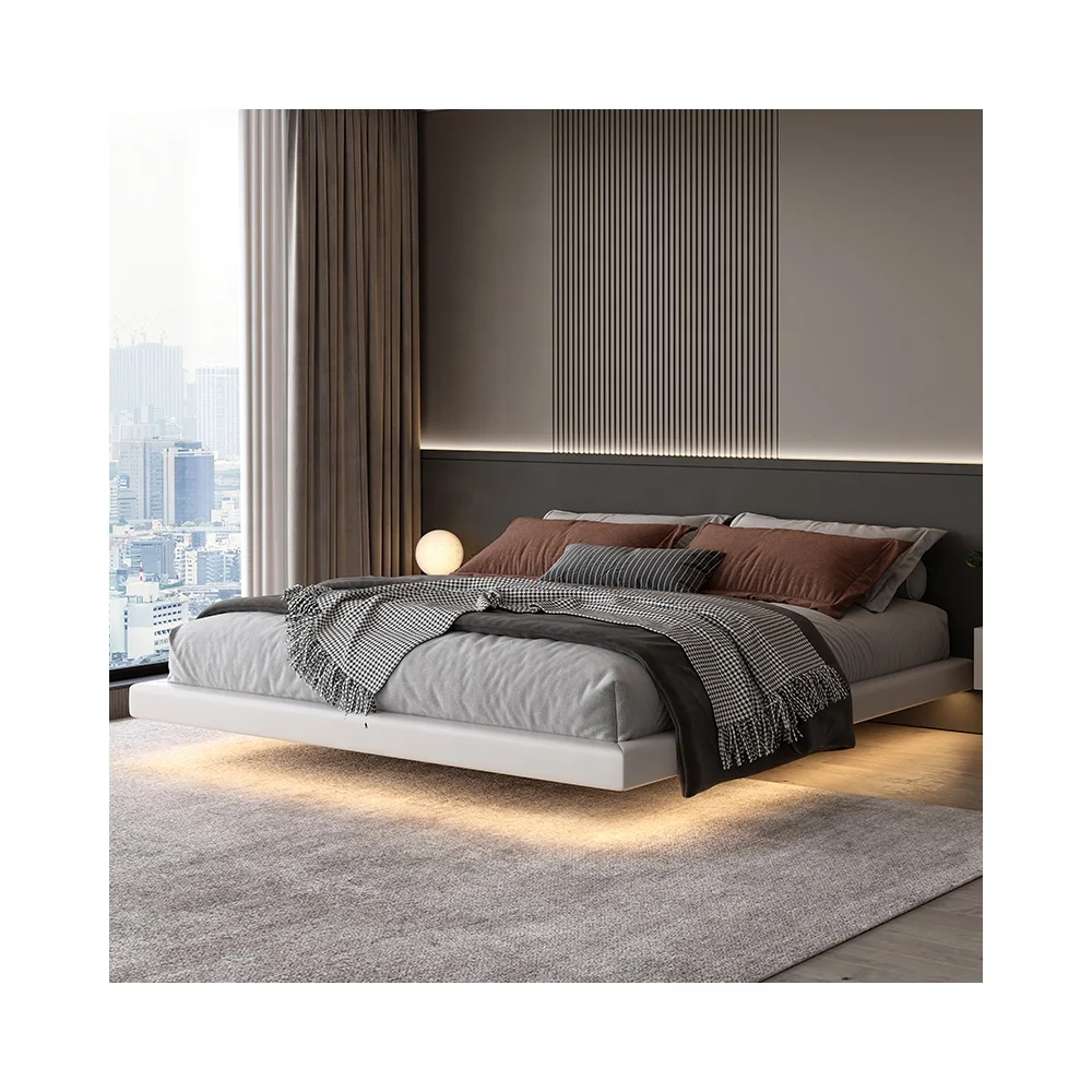 Upholstered  No Headboard Floating Bed  Synthetic Leather Hotel Bed Base Double Bed Frame King Queen