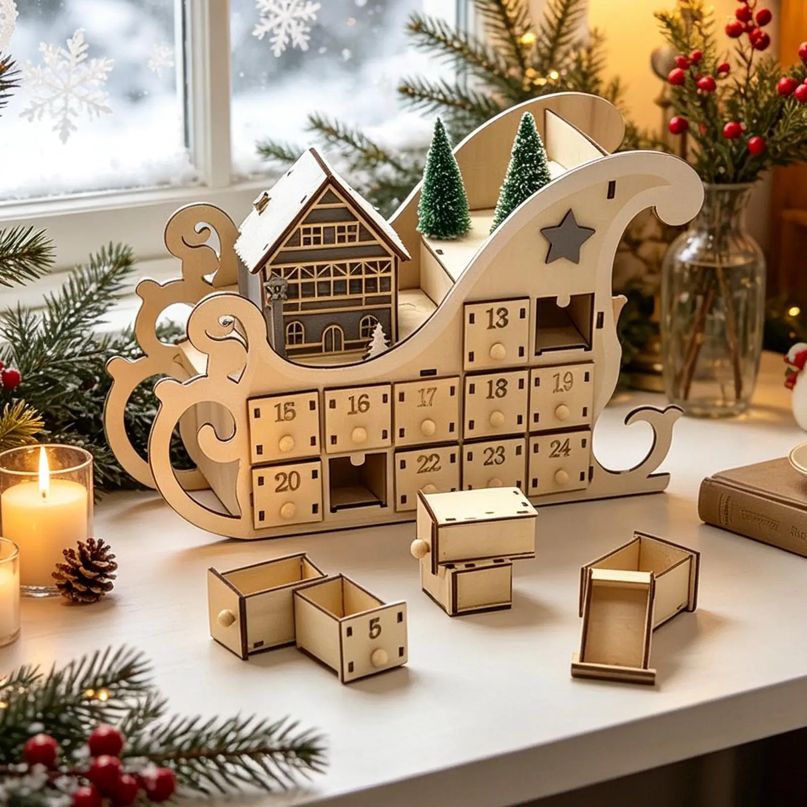 24-Day Wooden Christmas Countdown Calendar 2026 Holiday Sleigh Desk Ornament with 24 Fillable Drawers for Christmas Decor