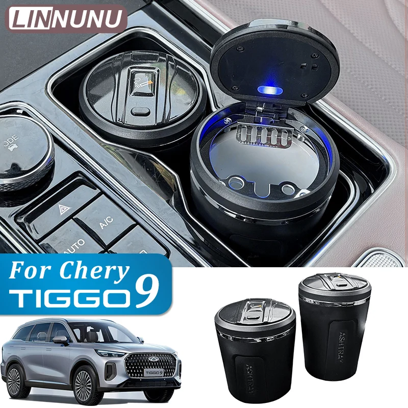 

Linnunu для Chery Tiggo 9 2024 2025 Автомобильная пепельница Аксессуары для салона автомобиля Металлический материал с окружающим освещением и зажимом Порт для сигарет Дизайн Автомобильная чашка для воды Пепельница с защитой от дыма Пепельница