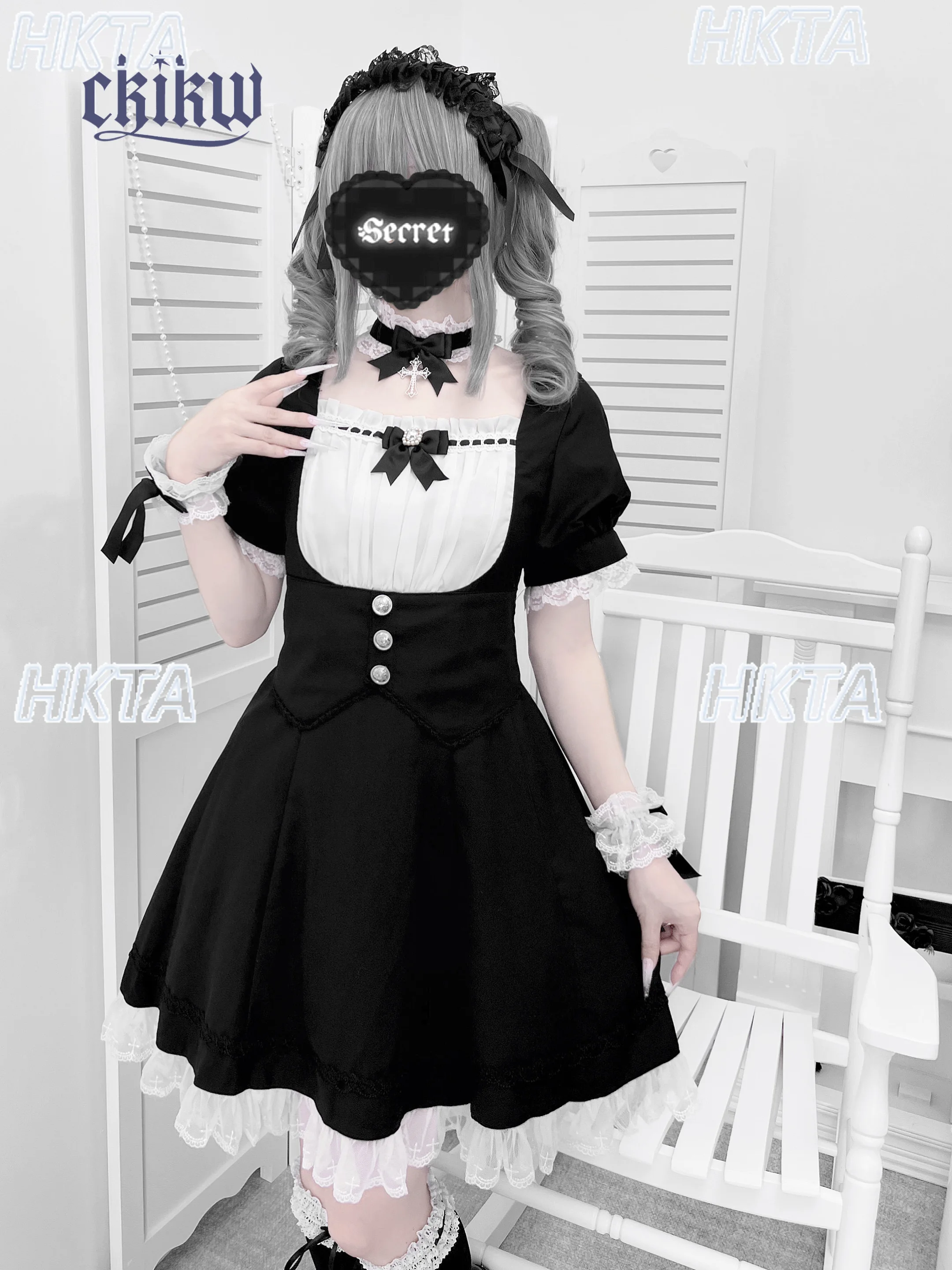 일본 서브컬쳐 버블 반팔 스퀘어넥 하이웨이스트 레이스 스티치 로리타 드레스 여성용 스윗 보우 블랙 앤 화이트 드레스