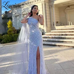 Lowime Glitter Evening Dresses One Shoulder Cape Sleeve Blue Purple Party Dress Women Long Pageant Prom Gowns Side Split Robes