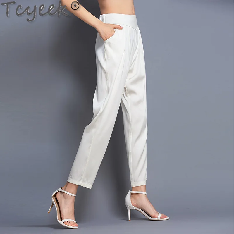 

Tcyeek 100% Mulberry Silk Harem Pants High Waisted Pants for Women Thin Style Summer Pants Long Trousers Woman Streetwear 2024