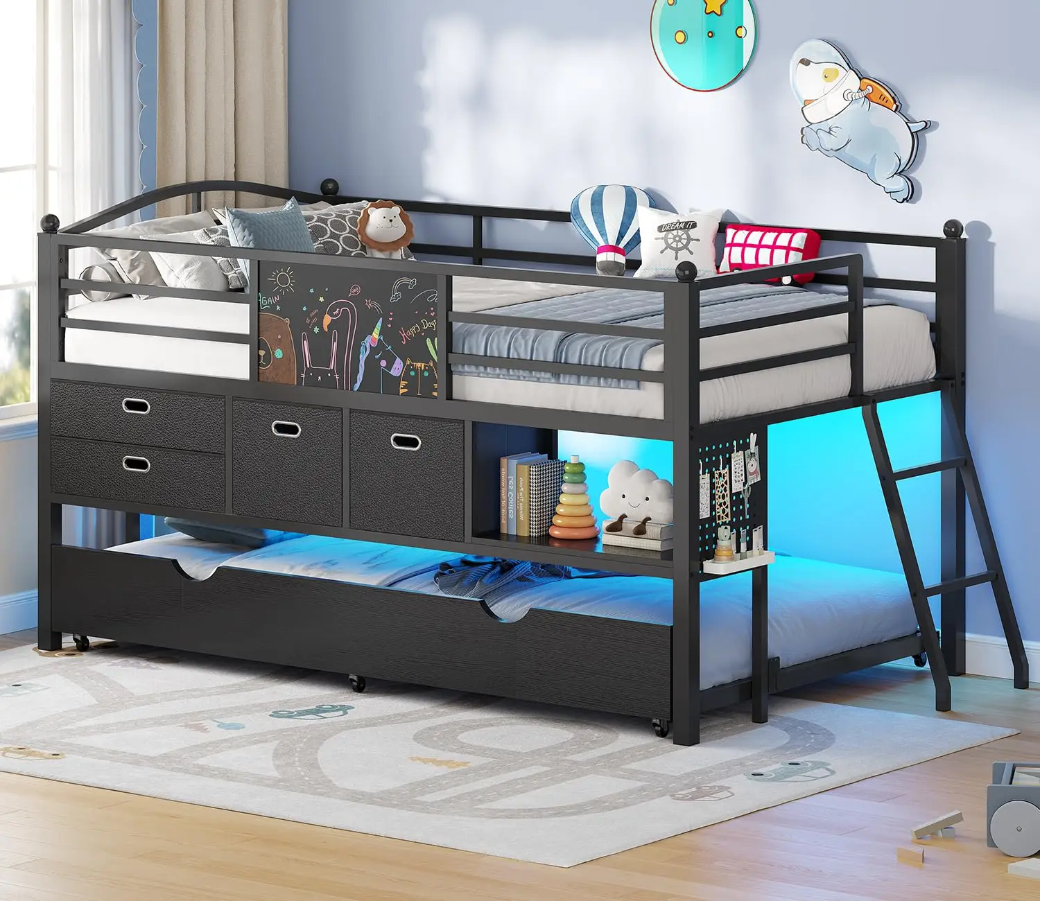 Twin Low Loft Bed Trundle LED Lights 4 Drawers Open Cubbies DIY Panel for Kids Customized