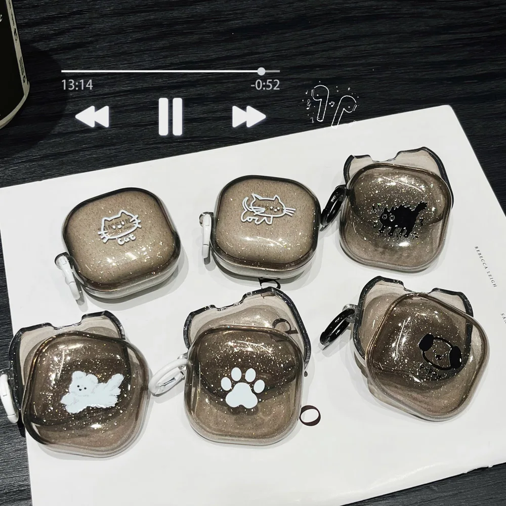 Korea Lovely Anger Black Cat Shiny Rear Cover For Samsung Galaxy Buds 2 Pro Case Cartoon For Galaxy Buds Live/Buds FE Capa Funda