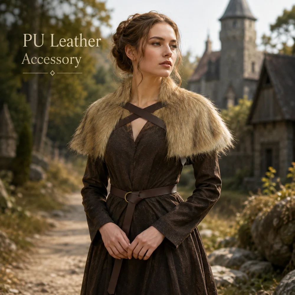 2‑Pcs Medieval Faux‑Fur PU Shawl & O‑Ring Belt Set, Viking Noble Ranger Fur Shoulder Pauldrons, LARP Cosplay Accessory for Hallo
