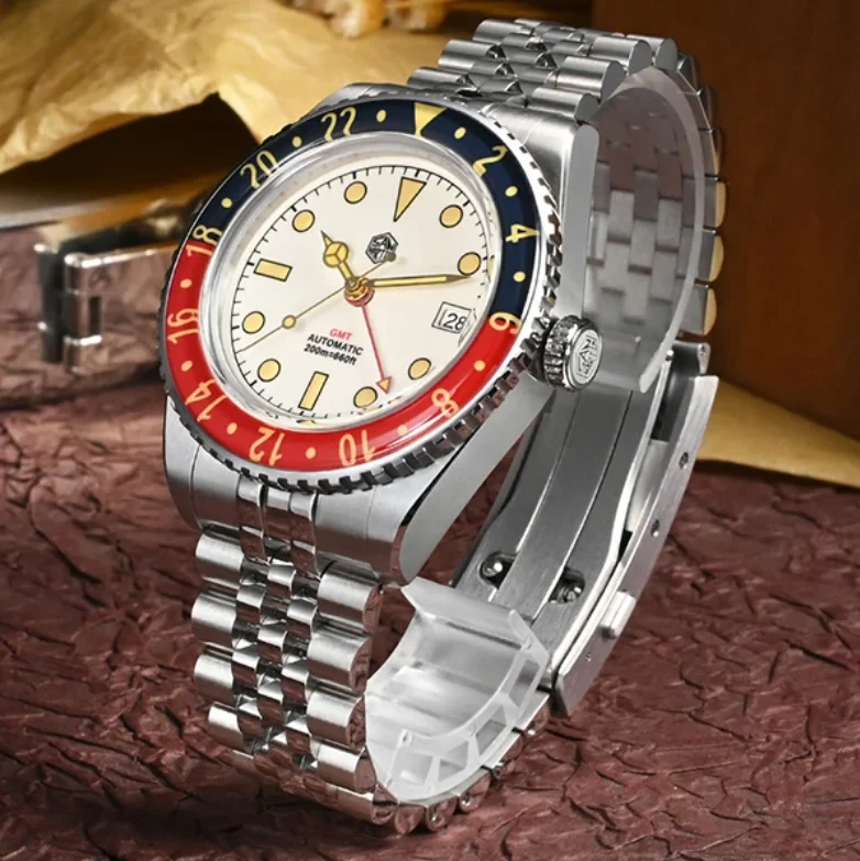 San Martin Men GMT Watch 40MM Automatic Mechanical Wristwatch 20Bar Waterproof C3 Luminous Sapphire Bezel NH34