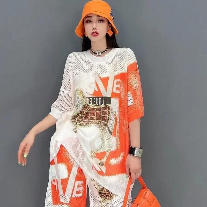 

2026 Two Piece Sets Womens Outfits Cartoon Diamonds Tracksuit Hollow Out Short Sete Casual Knitting Ensemble Femme 2 Pièces été