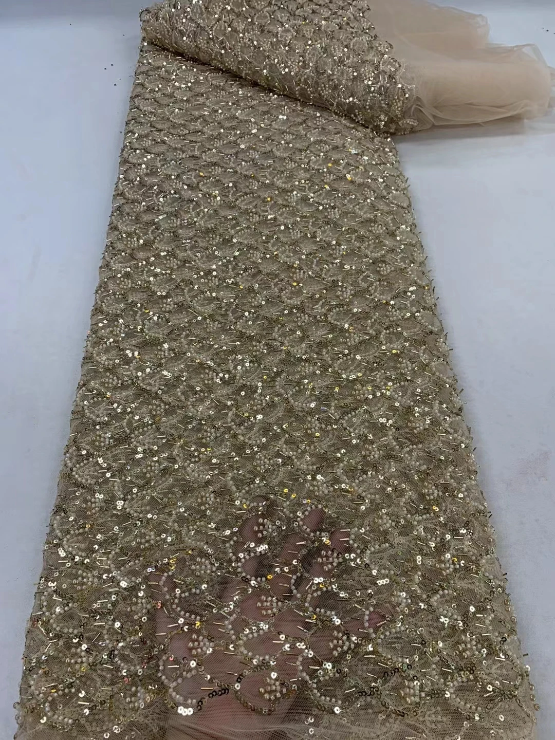 

African Groom Sequins Lace Fabrics 5 Yards High Quality Nigerian Wedding Party Dresses French beads pearl Laces Material Sewi ZX