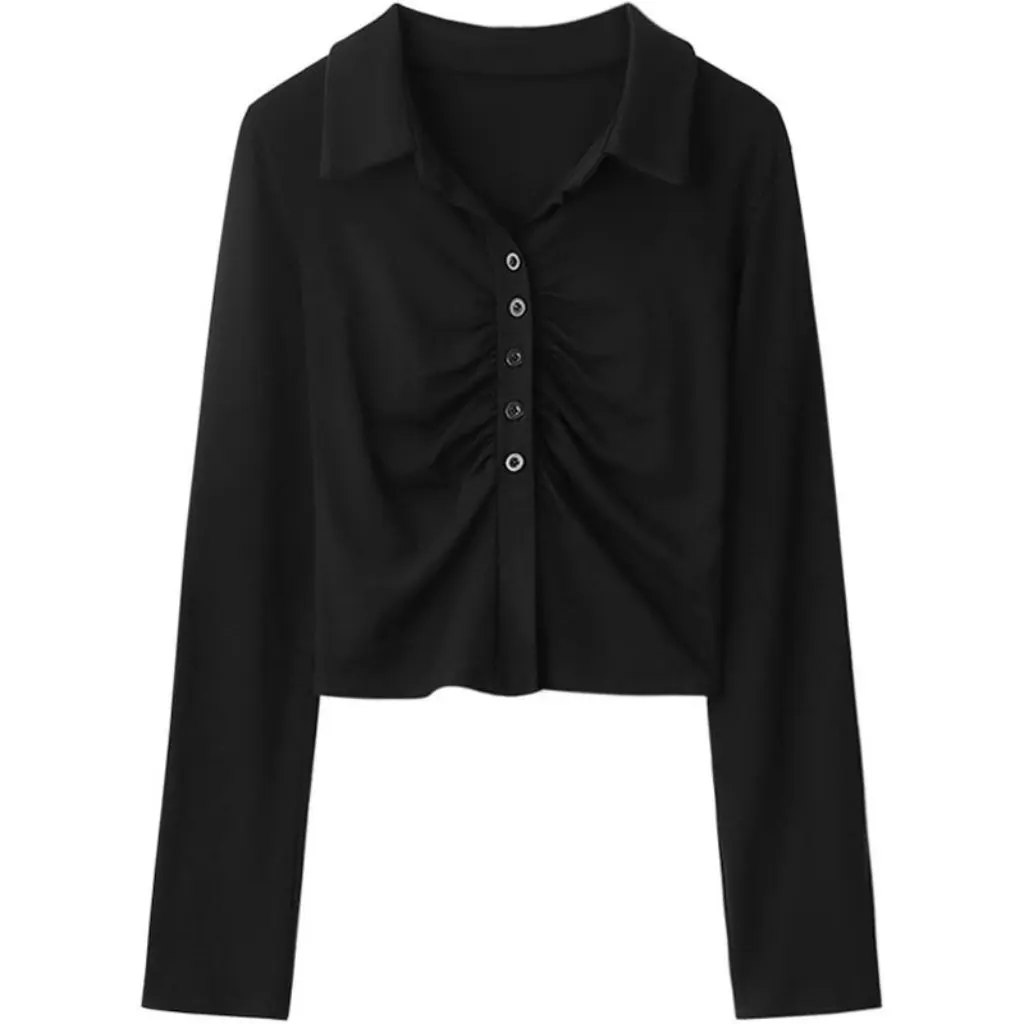 

Весенняя женская плиссированная футболка с длинными рукавами для похудения с лацканами в стиле Pure Desire, нижний топ, дизайн для модных женщин