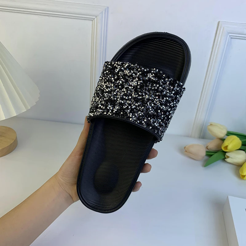 Summer Models Shoes Simple Fashion Women\'s Slippers Leisure Home Masonry Sequins EVA Lightweight Comfortable Black Flat