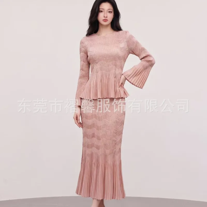 Miyake Pleated 2026 New Spring and Autumn High-End Solid Color Ripple Long Sleeve Ruffle Hem Top High-Waisted Fishtail Suit