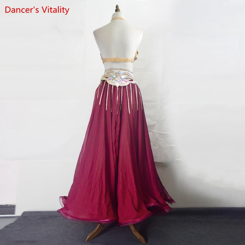 Belly Dance New Performance Costume Sexy Double Split Long Skirt Nude Flash Diamond Suit High-end Custom Summer