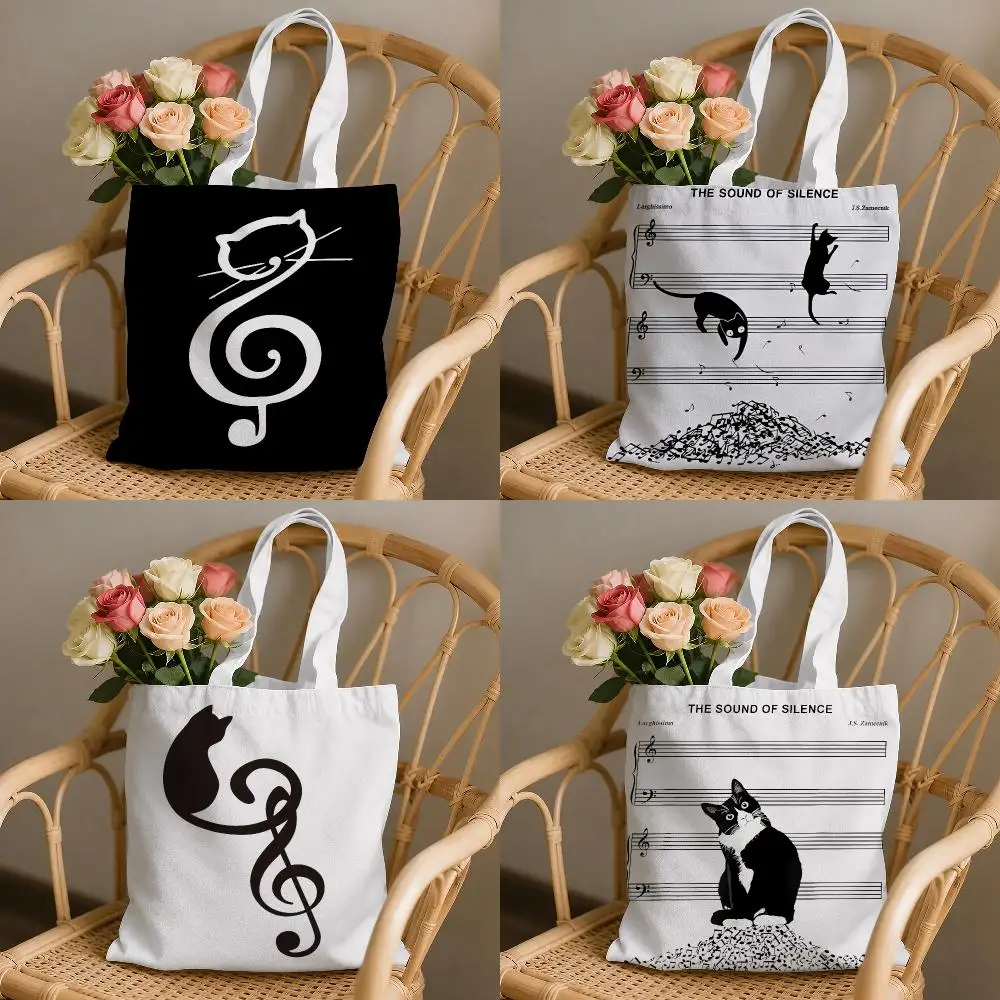 Music and Cat Theme Storage Bags Oversized Canvas Tote Bag Casual Shoulder Bag Large Reusable Shopping Handbag