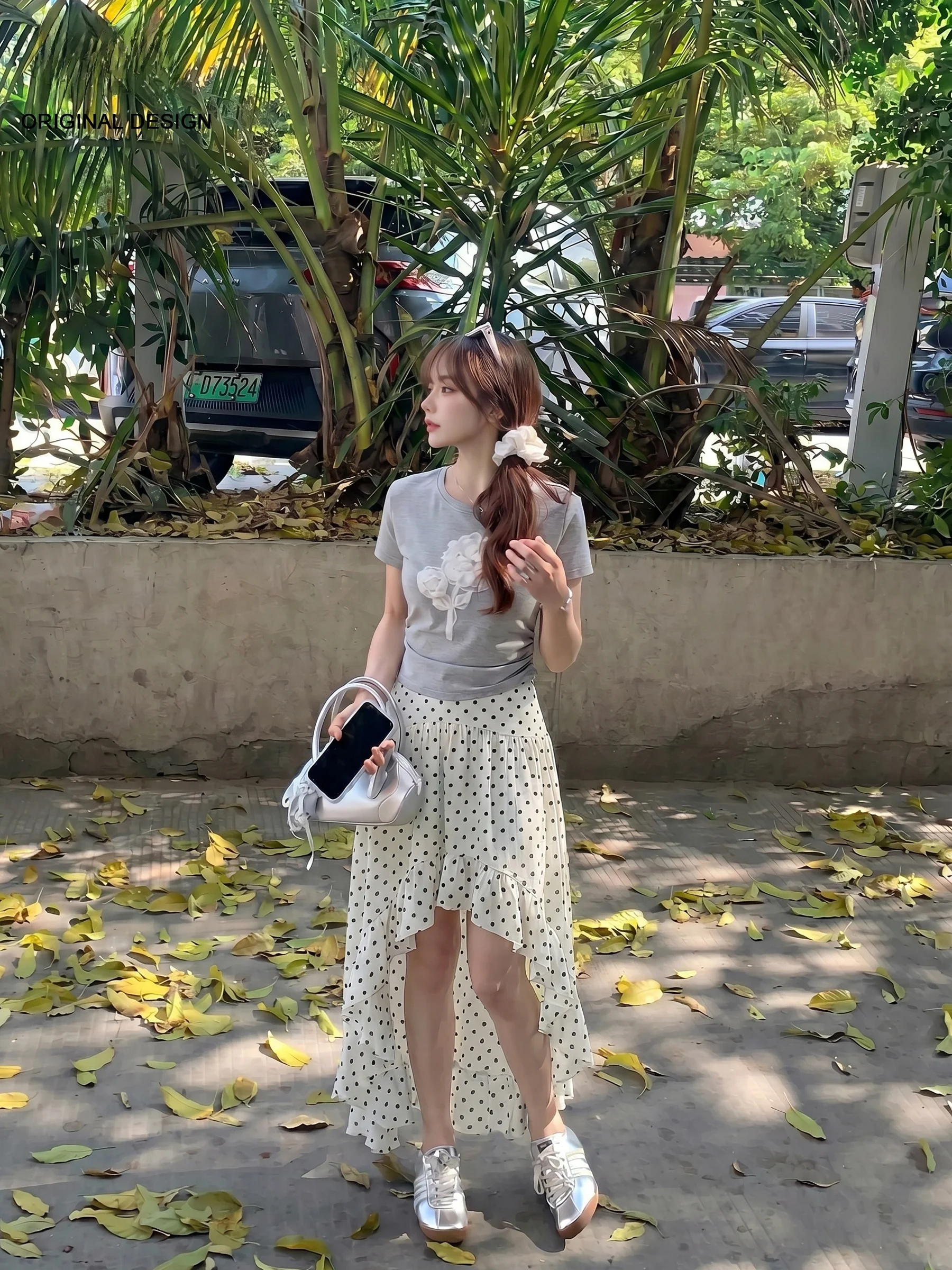 

Summer New High Waist Asymmetrical White Polka Dot Half Skirt Women's Gauze Long A-Line Skirt Casual Style Standard Fit