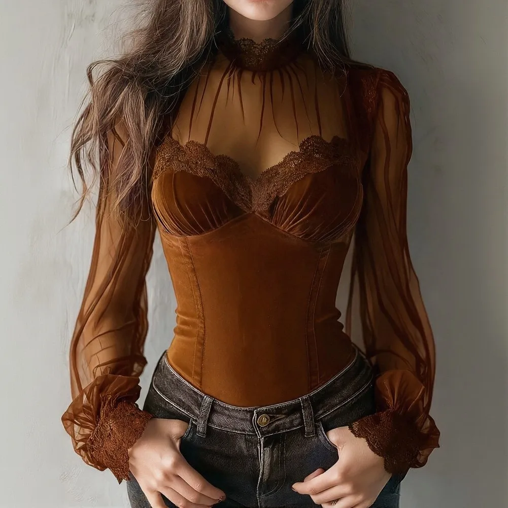 Casual Elegant Women Blouses Lace Blouse Long Sleeve Tee S 2XL for retro Lace Blouse Regular Length Elegant Style Four Seasons