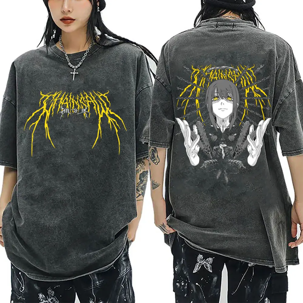

Washed Vintage Anime Chainsaw Man Denji and Makima Graphic T-shirts Men Women Clothing Manga Fashion Oversized Crewneck T Shirts