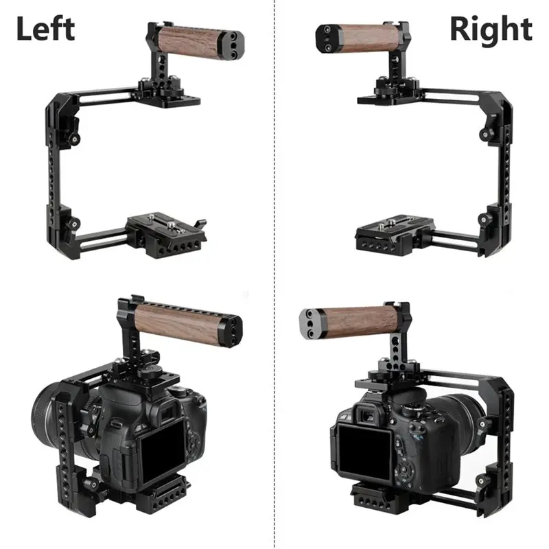 QWE-Wooden Handle Universal Adjustable Camera Cage With Manfrotto Quick Release Baseplate For Canon Sony Panasonic Nikon