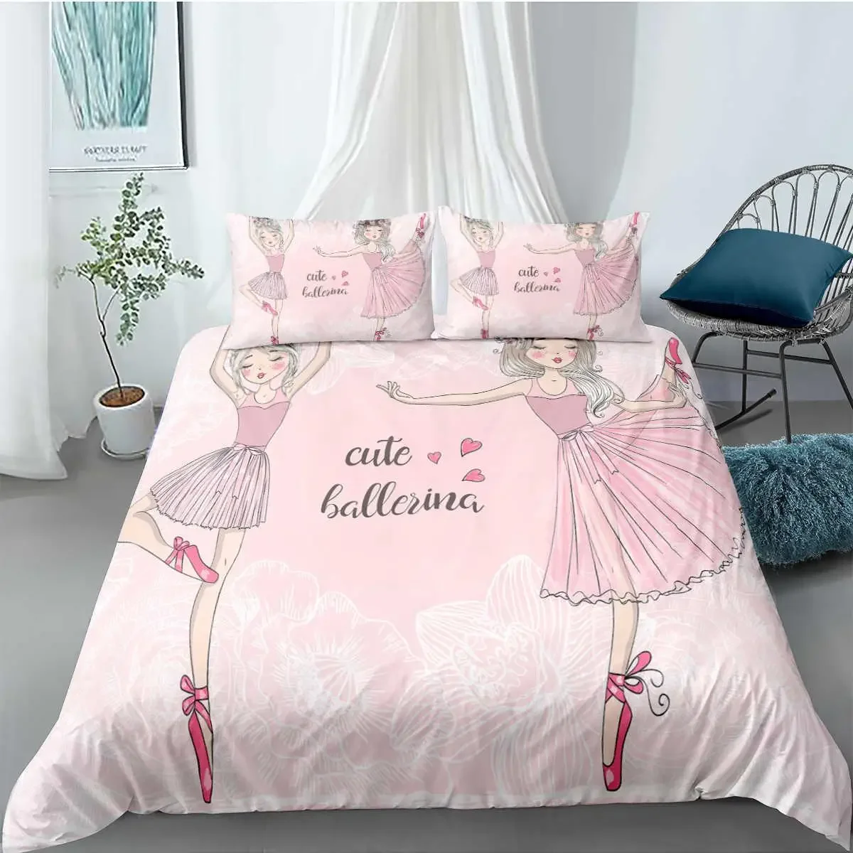 Ballet Girl Duvet Cover Set King Size Pink Lovely Little Ballerinas Bedding Set Kids Girls Princess Soft Polyester Quilt Cover