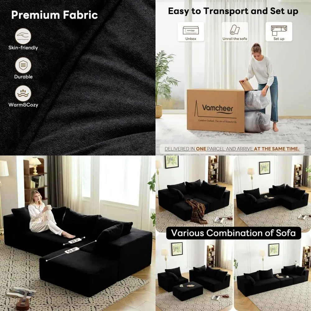 

Современный угловой диван-секционный гарнитур с глубоким сиденьем, не требует сборки, черный, для гостиной, спальни, офиса