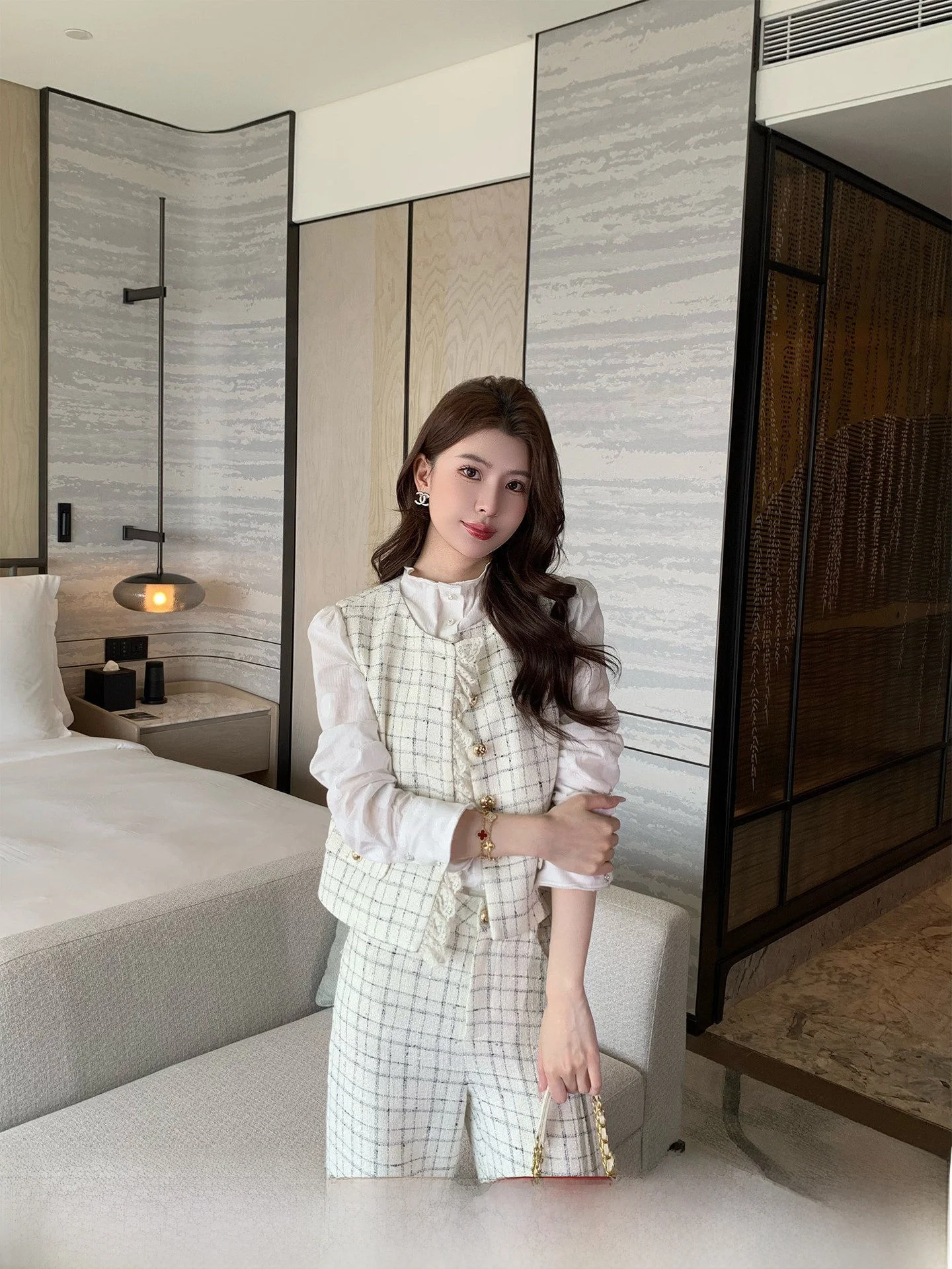 

Kun Total Black White Plaid Small Fragrance Style Set Women's Spring Vest Straight Leg Pants Two Piece Set New Model