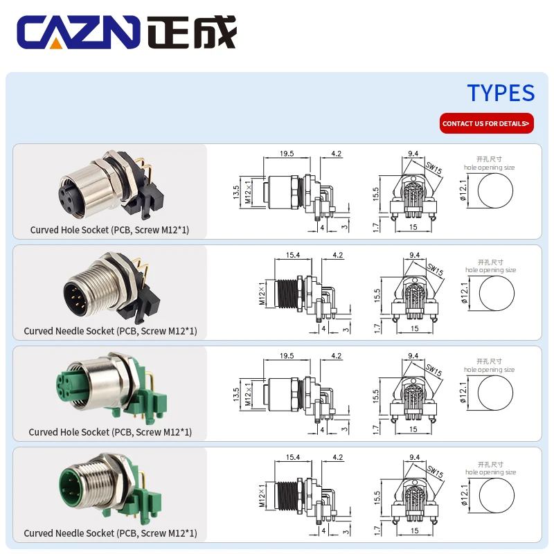 M12 Angle Green Socket Male Female PCB Receptacle Connector Ground Or Ungrounded Type for Electronic Components