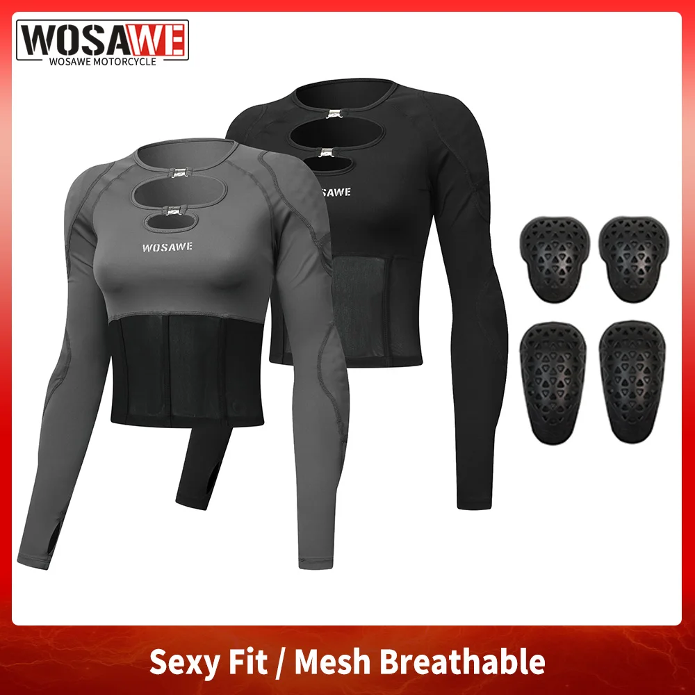 WOSAWE Women Motorcycle Shirts Removable Shoulder Elbow Pads Summer Breathable Jacket Gym Mesh Panel Top Sexy Black Mesh T Shirt