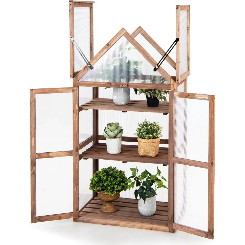 

3-Tier Garden Cold Frame, Portable Wooden Mini Greenhouse Storage Shelves, Transparent Flip-Top Roof