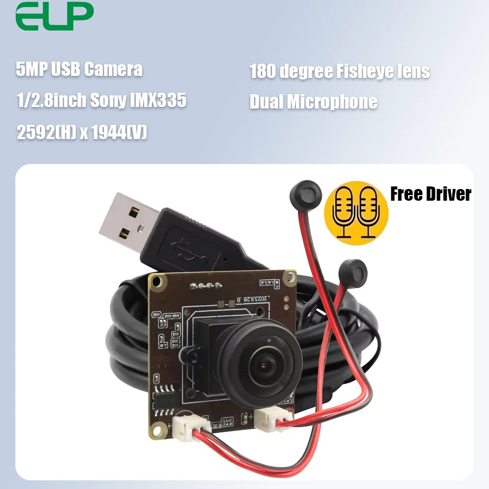 ELP 5MP USB Camera Module with Dual Microphone, Mini Camera with Wide Angle 200 Degree Fisheye Lens, IMX335 Sensor Webcam