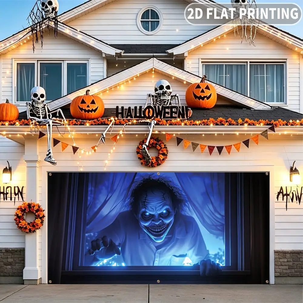 1pc 2D FLAT Halloween Party Garage Banner, Scary Clown Peering Through Window Pattern, No Power Need, for Garage Door Decor