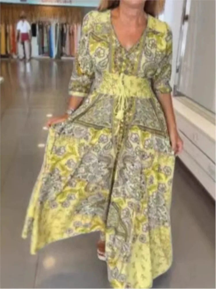 Nice Women Floral Print Boho Long Dress Casual V-Neck Half Sleeve Loose Holiday Beach Party Dresses Lady Elegant Vestidos