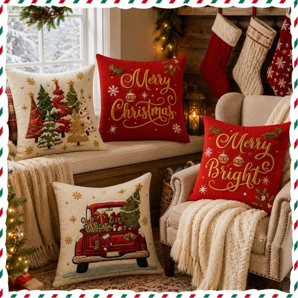 45x45 cm Christmas Pillow Covers Machine Washable Flat Printing Short Pillow Case Wrinkle-Resistant Red Color