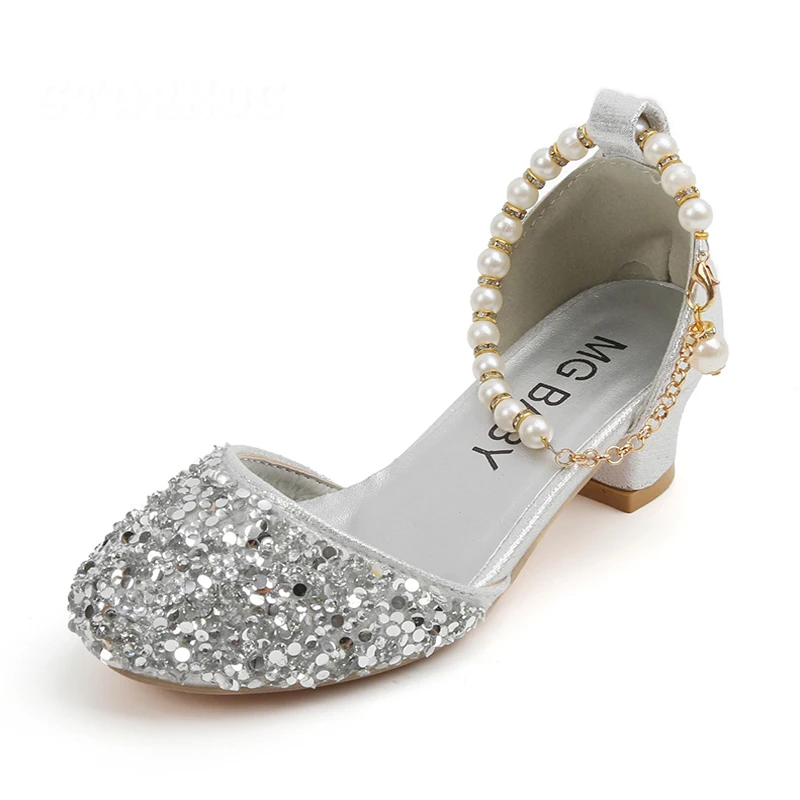 Bling Stage Dance Shoes For Girls Luxury Low Heel Glitter Sandals Kids Gold Silver Wedding Party Pumps with Ankle Pearl Chains