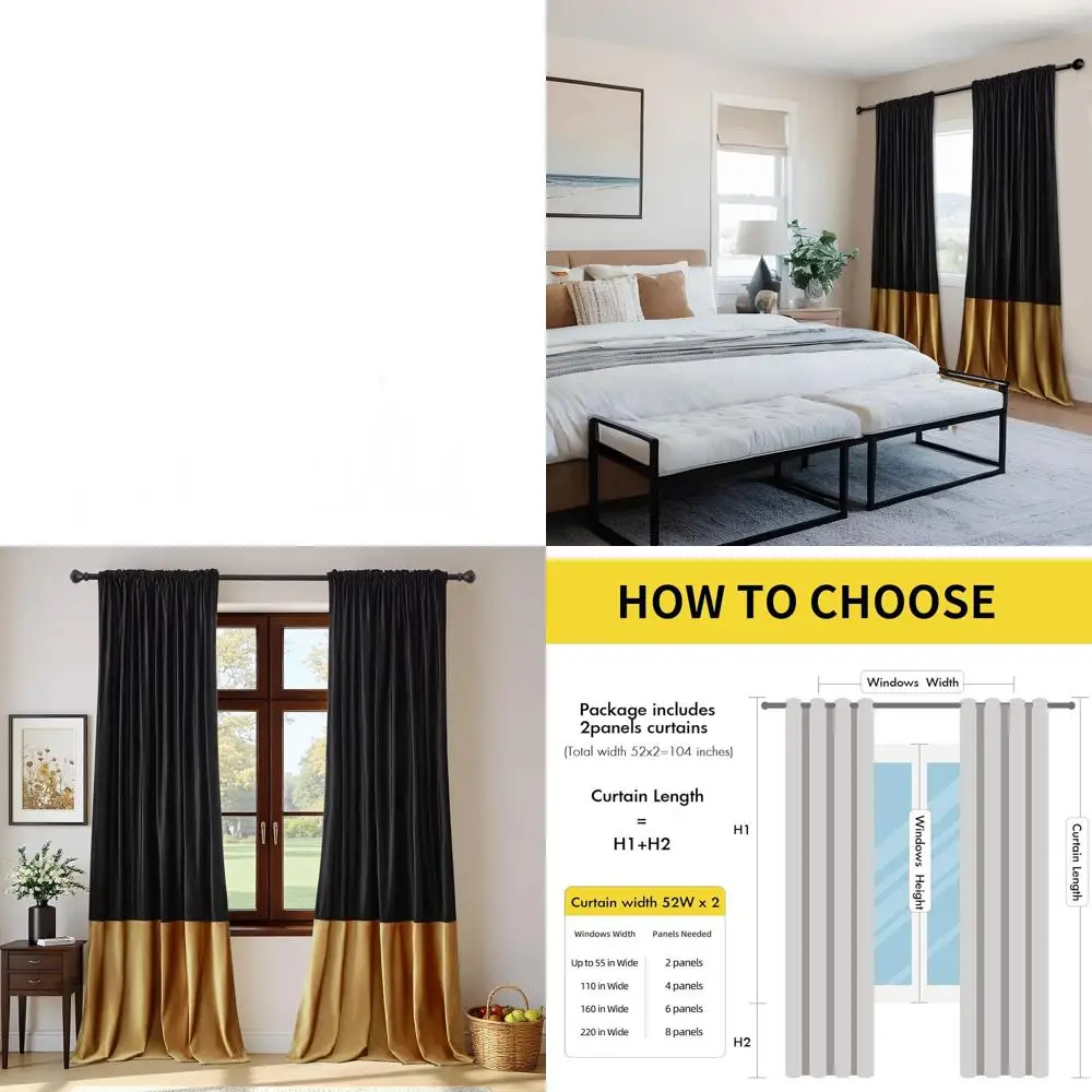 

Modern Black and Gold Velvet Curtains, 90 Long, 2-Panel Set, Blackout and Soundproof, for Living Room and Bedroom Decor