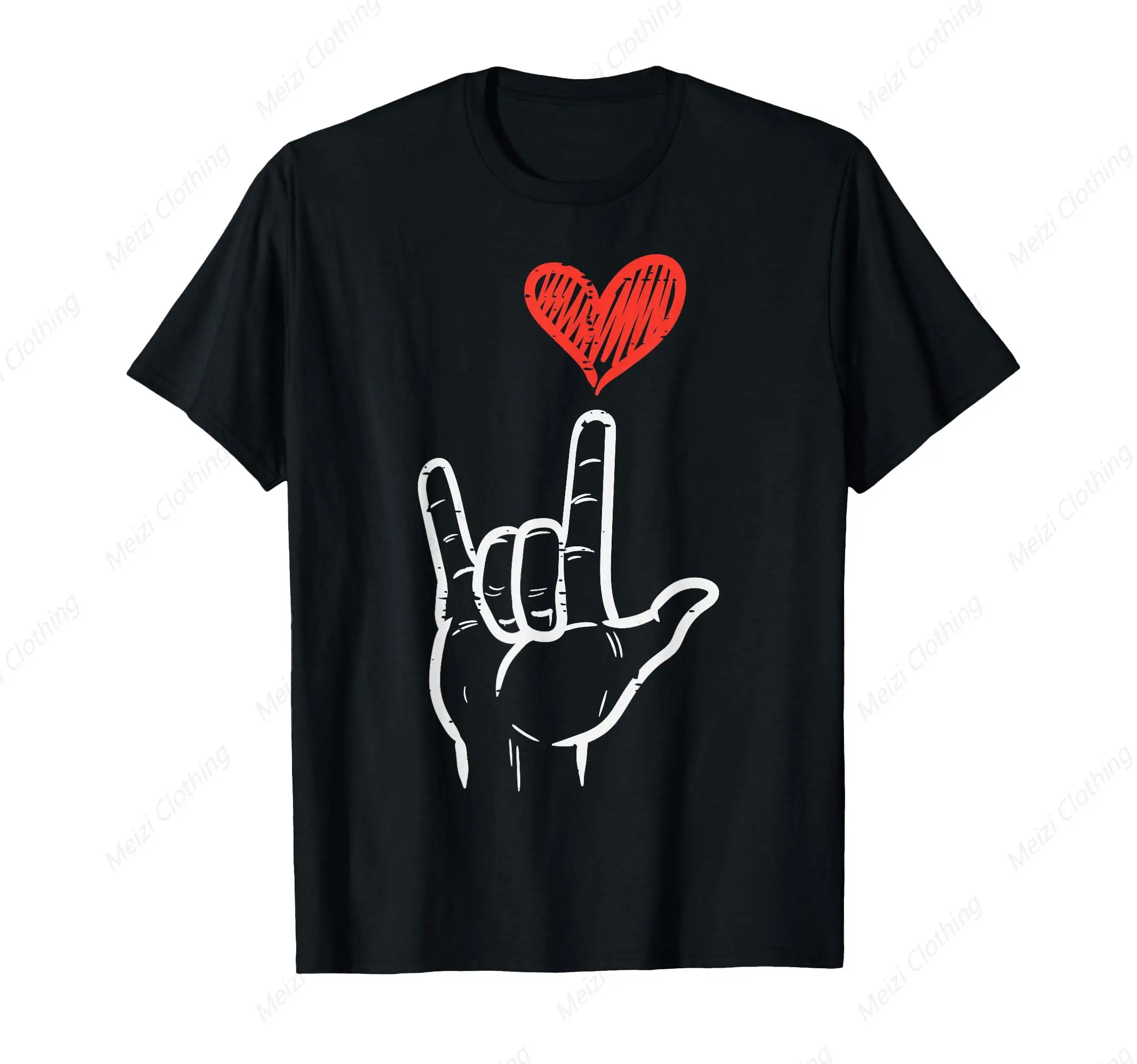 

Valentine's Day I Love You Sign Language ASL Heart Shaped Women's Men's Printed T-shirt Pure Cotton Black Casual Shirt