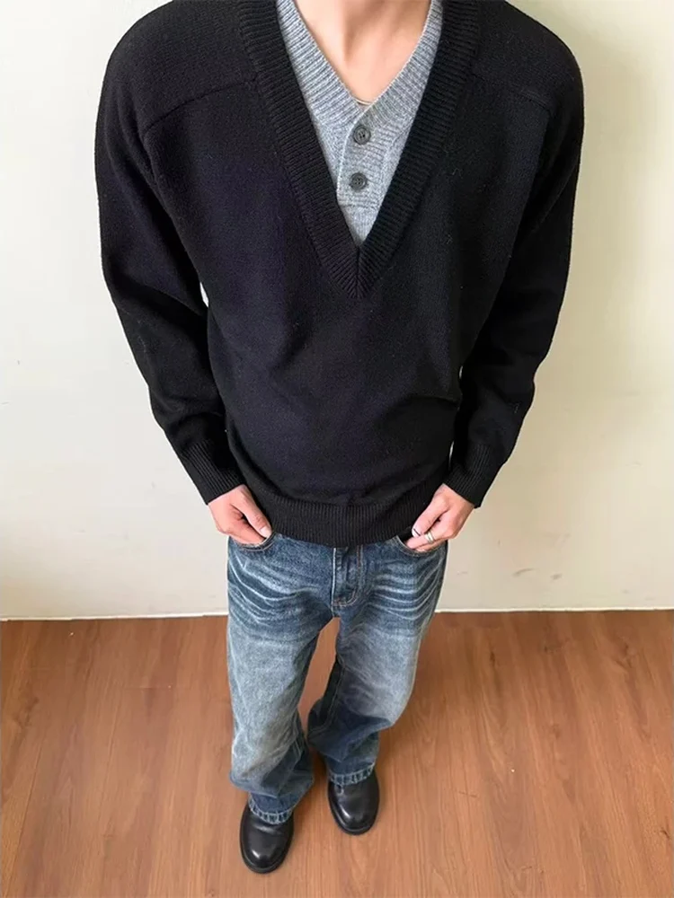 

Американский ретро-свитер с V-образным вырезом, имитация двухслойности, свободный крой, для пар, износостойкий, удобный, осенне-зимний, мужской, модный.