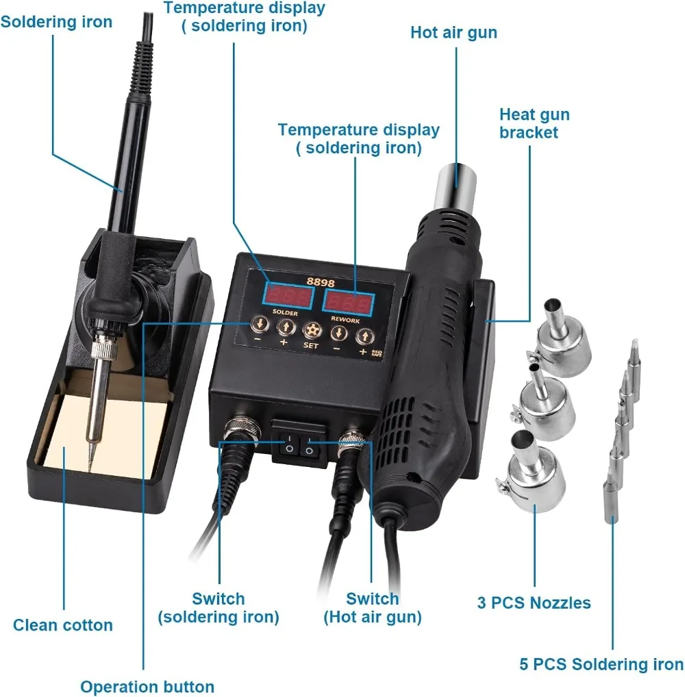 Цифровая паяльная станция 2-в-1 с фен-нагревателем, регулируемой температурой и функцией автоматического сна