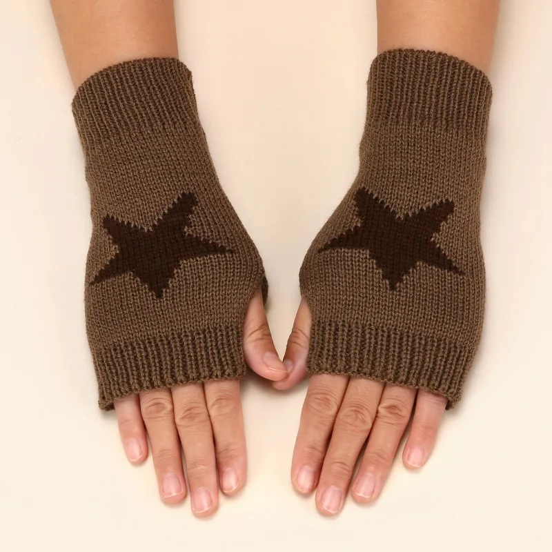 1 Pair of Star Patterned Knitted Half Finger Gloves for Autumn and Winter Warmth, Fashion, Versatile, and Flexible Fingertips