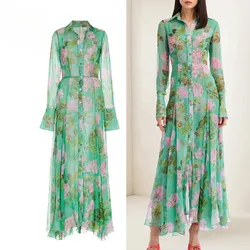 2024 Fashion Single Breasted Floral Elegant Party Green Dresses Lady Chic Long Sleeve Clothings Robes