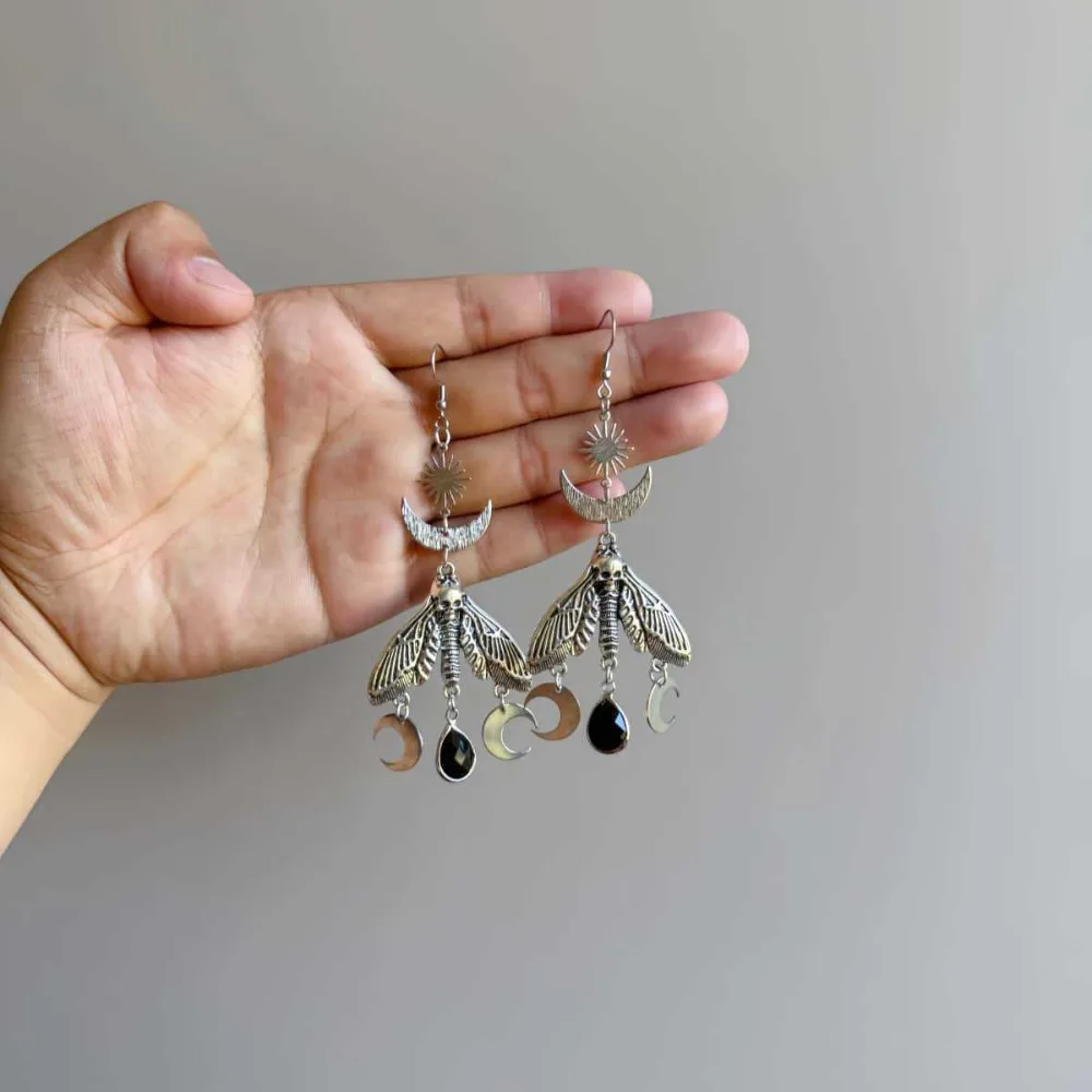 Gothic Death Moth Sun Crescent Moon Black Teardrop Crystal Long Dangle Earrings for Women Halloween Witchy Dark Occult Jewelry