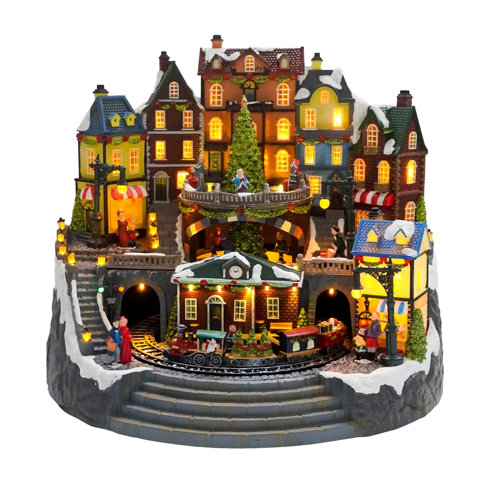 Large luminous LED music Christmas house with rotating train rotating decorations