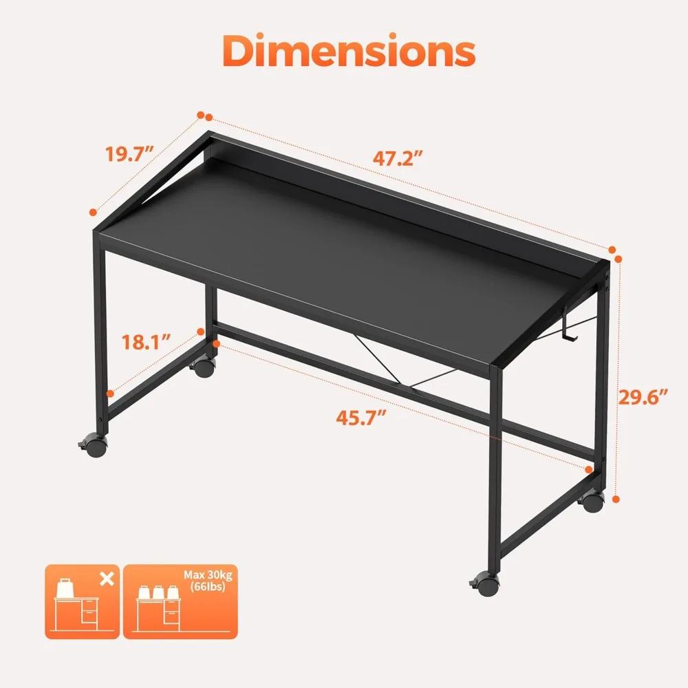 مكتب ألعاب مدمج مع عجلات، طاولة مكتب منزلية على الطراز الحديث للمساحات الصغيرة، مثالية للدراسة والكتابة