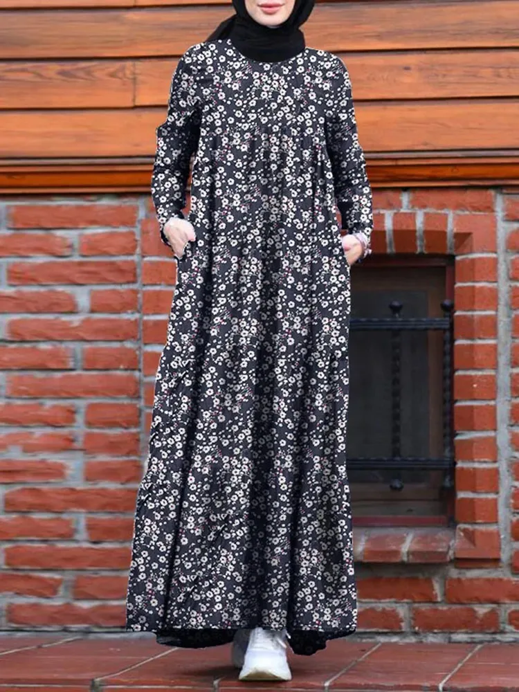 ZANZEA Retro Dubai Abaya Turkey Hijab Dress Women Vintage Floral Printed Maxi Sundress Summer Long Sleeve Kaftan Muslim Vestido